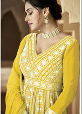 Heavy Faux Georgette Embroidered Gown in Yellow